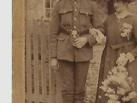 Mr Grandfather and Mother on their wedding day, He was wounded twice and came home on leave recovering from his 2nd wound from the battle of Passchendaele to get married